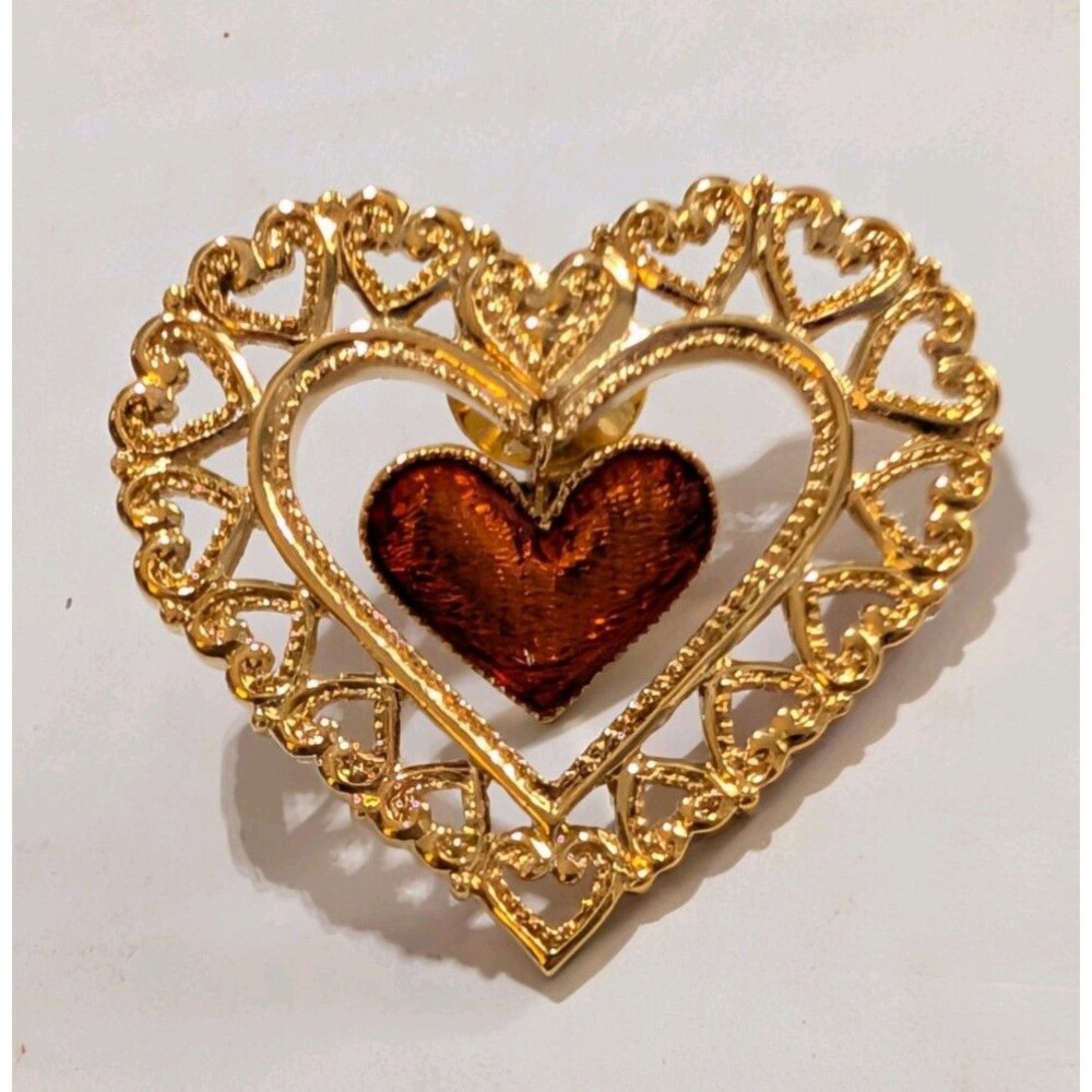 Vintage Gold Tone Triple Heart Dangle Brooch Pin Open Filigree Red Enamel 2"